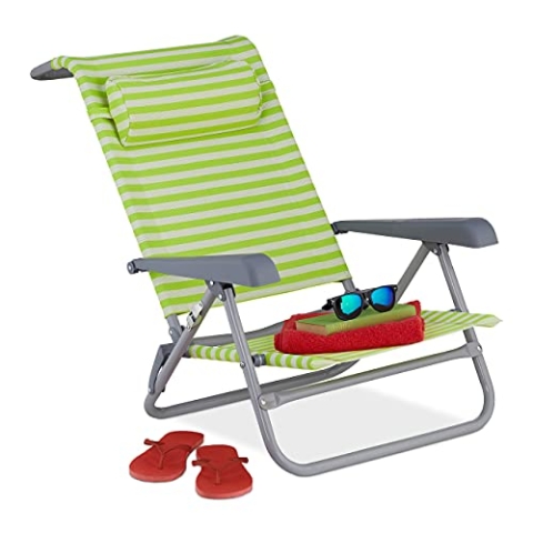 Relaxdays Liegestuhl klappbar, 8-stufig verstellbar, Strandstuhl mit Nackenkissen, Armlehnen & Flaschenöffner, grün/weiß, 1 Stück, 10035905