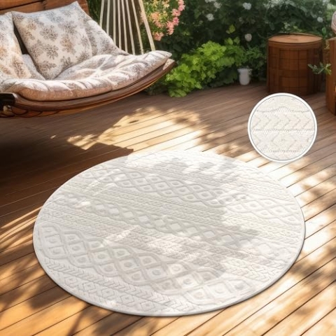 Paco Home Teppich In- & Outdoor, Moderne abstrakte Boho Designs mit 3D Struktur, robust & wetterfest, ideal für Terrasse Wohnzimmer & Küche, Grösse:120 cm Rund, Farbe:Creme 4