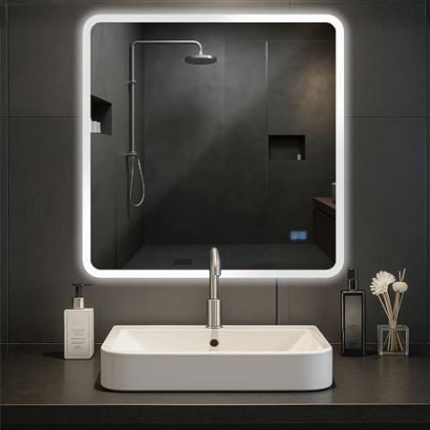 CLP Badspiegel Jericho mit Beleuchtung, Bluetooth-Lautsprecher, Anti-Beschlag Badezimmerspiegel, Wandspiegel LED dimmbar, 3 Licht-Modi, Größe:80x80 cm
