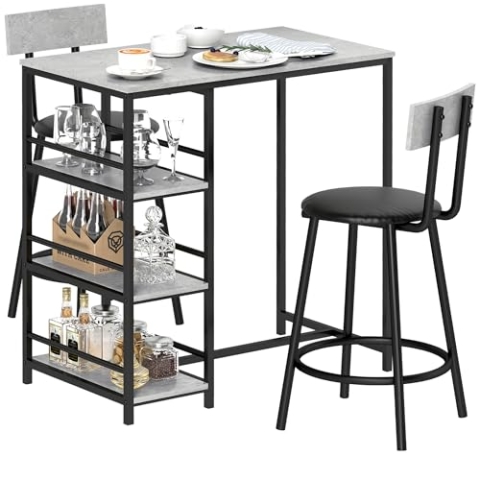 HOMCOM Set Bartisch mit Hockern, Steh-Esstisch mit 2 Barstühlen, Küchen-Hochtisch mit Regalen, Bar-Hochtisch und 2 Hocker für Esszimmer, Küche, grau und schwarz