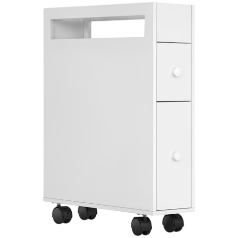 HOMCOM Badezimmerschrank Nischenschrank schmal mit Schublade auf Rollen, Badschrank Toilettenschrank Beistellschrank für Badezimmer, kleine Räume, 16 x 49,5 x 66 cm, Weiß