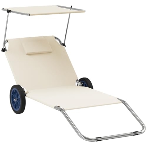 Outsunny 2er Set Sonnenliege klappbar Strandliegen Strandstuhl mit Verstellbarer Rückenlehne Kopfkissen Dach Rolle leicht tragbar Strandmatte Liegestuhl Outdoor Liegematte für Garten, Pool 148 x 62cm