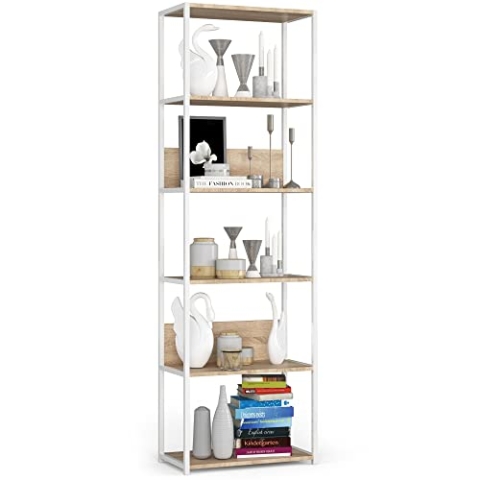 AKORD Industrielles Regal 60 cm | | Loft Bücherregal | Moderner Schrank | Bücher Regal | 6 Einlegeböden | Funktional Stabil | B60 x H192 x T32 cm | Gewicht 22,10 kg | Weiß/Sonoma Eiche
