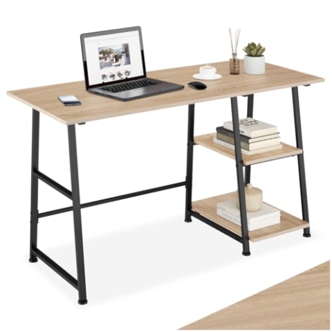 tectake Schreibtisch mit 2 Ablagen, 120 x 50 x 73,5 cm, Industrie-Design, Computertisch mit Seitenregal mit Zwei Fächern aus Holz, schwarzes Metallgestell (Industrial Holz hell, Eiche Sonoma)