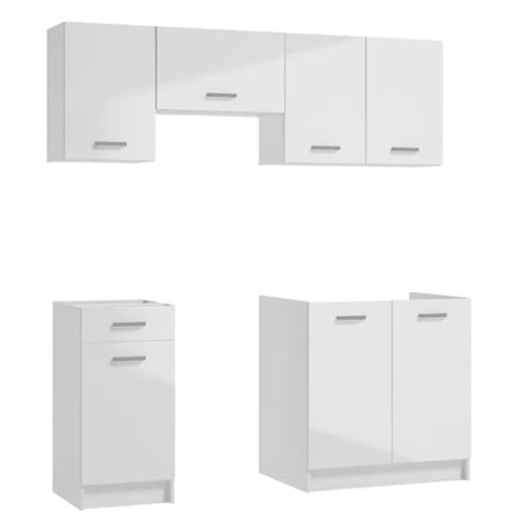 .Deftrans Küchenmöbel First - 5-teiliger Set in Hochglanz-Weiß, inkl. 80 cm Spülschrank, 40 cm Schubladenschrank, 60 cm Dunstabzugshaube, 80 cm Hängeschrank 40 cm - Ohne Elektrogeräte