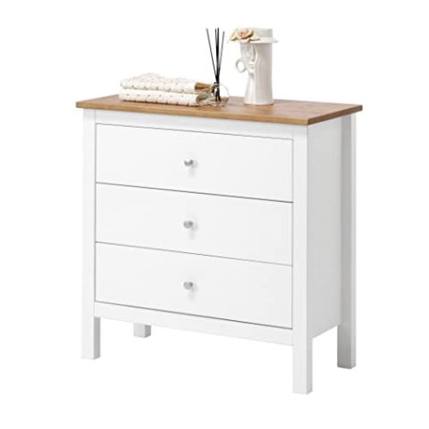 hagge home Skandinavisch Holz Kommode mit 3 Schubladen Sideboard Kommoden Sideboards Kommodenschrank Chest of Drawers Wohnzimmer Schrank Schlafzimmer Flur 75x37x75 cm Schmal Kleine Braun Weiß