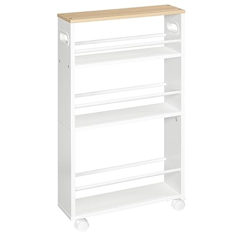 HOOBRO Rollwagen, Küchenwagen mit 4 Ebenen, Schmaler Servierwagen, 45 x 15 x 80 cm, Küchenregal mit 360° drehbaren Rädern und Geländern, für Küche, Bad, Wohnzimmer, Weiß und Naturholz EWN15TC01