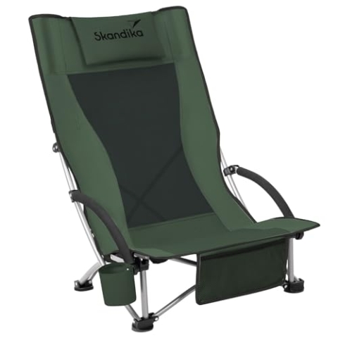 Skandika Strand Klappstuhl Beach | Bequemer Strandstuhl mit atmungsaktivem Mesh, Getränkehalter, niedrig, leicht zu transportieren, max. 136 kg | Faltbarer Campingstuhl, Liegestuhl (schwarz/grün)