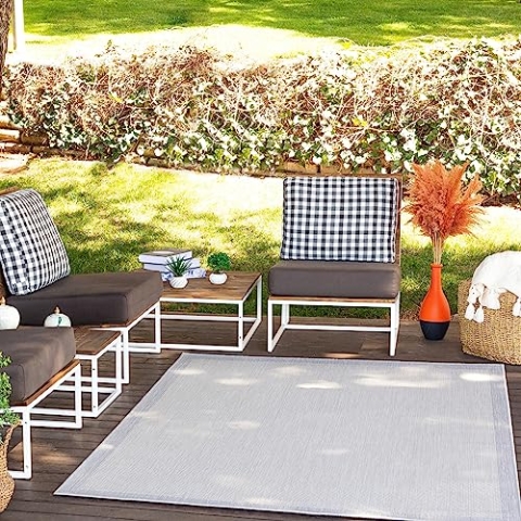 Livabliss Outdoor Teppich wetterfest, Arsuz - In und Outdoor Teppich für Balkon 120x170 cm, Terrasse, Garten, Küche - Outdoor Teppich Boho Style, Teppich für draußen - Teppich Elfenbein und Hellgrau