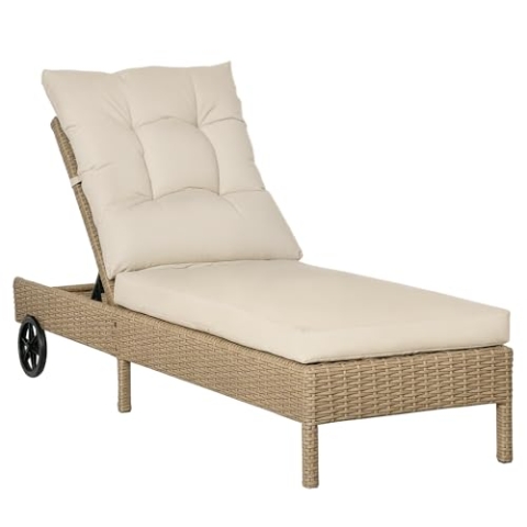 Outsunny Polyrattan Sonnenliege Gartenliege mit Rollen Kissen 4-stufig verstellbar Rattanliege Gartenmöbel Liege Stahl Natur+Khaki 200 x 66 x 92 cm