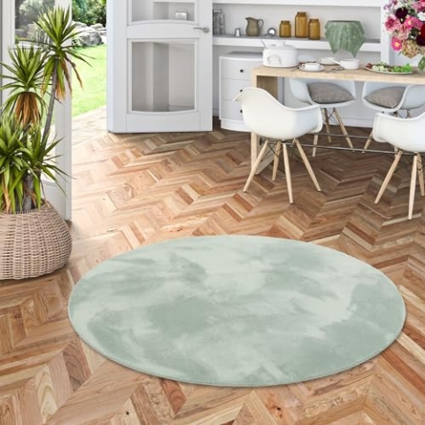Kunstfaser Teppich Wohnzimmer Luxus Super Soft Fellteppich Pearl Grün Rund in 3 Größen
