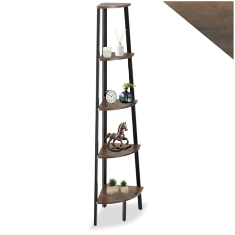 tectake® Eckregal stehend, Nischenregal mit 5 Ebenen, Wandregal Holz, Industrial Bücherregal, Eckschrank,34 x 34 x 158,5 cm, Leiterregal, Zimmer Deko - Industrial Dunkelbraun