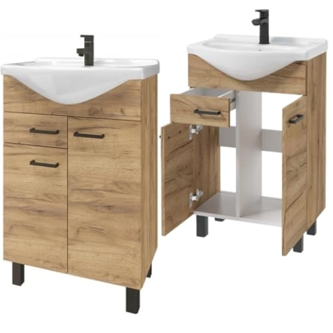 Domodomo Badezimmerschrank mit Waschbecken 85 x 55 x 42 cm Stehender Badezimmerschrank mit Schublade und Unterschrank, lackiert, Elegantes Set mit Keramikwaschbecken