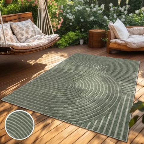 Paco Home Teppich In- & Outdoor, Moderne abstrakte Boho Designs mit 3D Struktur, robust & wetterfest, ideal für Terrasse Wohnzimmer & Küche, Grösse:80x150 cm, Farbe:Grün 3