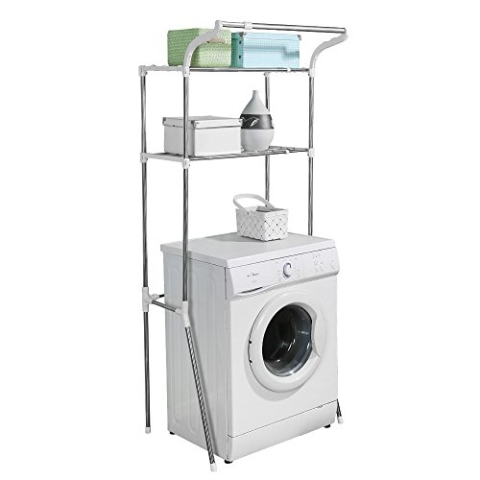 BAOYOUNI Verstellbar Waschmaschinenregal Überbau, Toilettenregal mit 2 Ablagen und Hängestange, Badezimmer Organizer aus Metall, Platzsparender, Einfache Montage, (62-101) x 49,5 x 173cm, Elfenbein