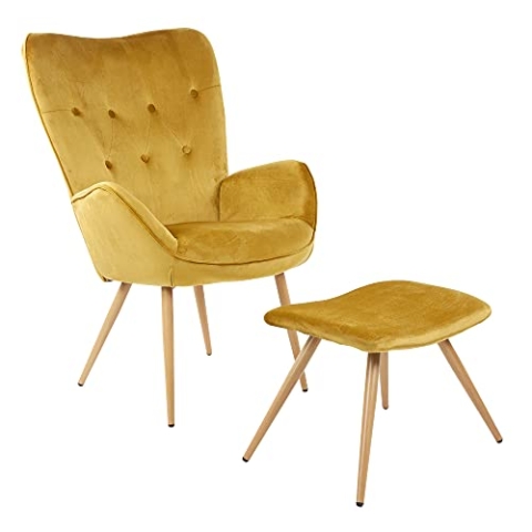 ALBATROS Ohrensessel mit Hocker York Gold - Vintage u Stilvoll, Samt-Bezug - Eleganter und SGS geprüfter Lesesessel oder Relaxsessel mit Hocker im Modernen Look
