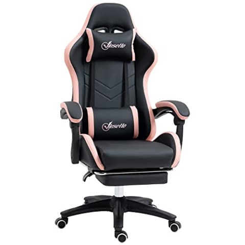 Vinsetto Gaming-Stuhl ergonomischer Gaming-Stuhl Teleskop-Fußstütze, 135° neigbare Rückenlehne, verstellbare Kopfstütze und Lendenwirbelstütze, 360° drehbarer Bürostuhl aus Polyurethan, pink
