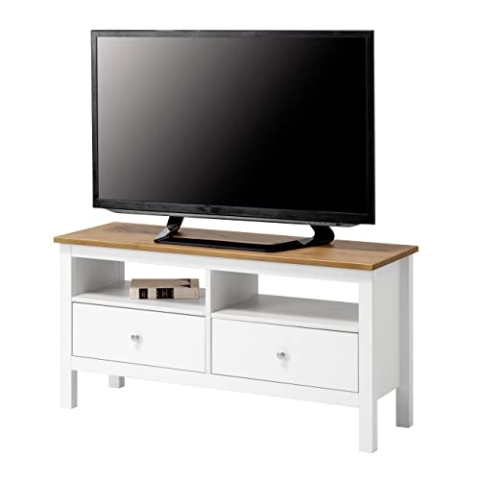 hagge home TV Schrank Holz 110x40 TV Board Holz Fernsehtisch Massivholz TV Lowboard Wohnzimmer Fernsehschrank TV Bank TV Tisch TV Kommode Weiss TV Table Sideboard Kleiner Fernseher Tisch Weiß Braun
