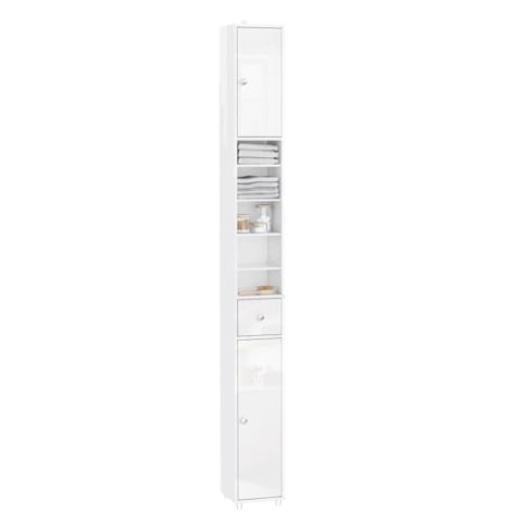 SoBuy Badezimmerschrank schmal Badschrank Hochschrank Badmöbel Hochglanz mit 6 Verstellbaren Regalen Wasserdichtes Schrank für Badezimmer Waschbeckenunterschrank Nischenregal 20x20x180 cm BZR167-GW