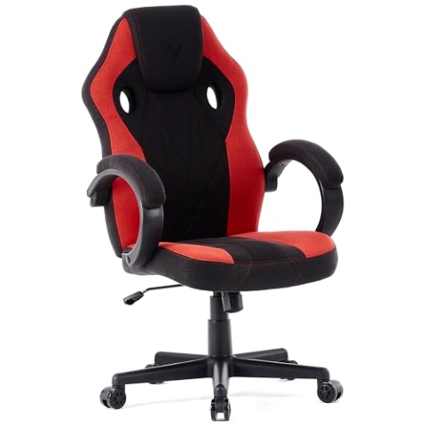 SENSE7 Gaming Stuhl Prism, ergonomischer Gaming Sessel, Gaming Chair mit Wippfunktion, Gepolsterte Armlehnen, Stoff Bürostuhl bis 120kg, PC Stuhl Schwarz-Rot