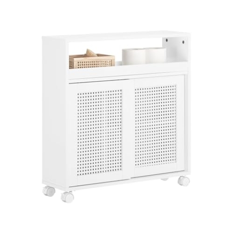 SoBuy schmaler Badezimmerschrank mit Rollen – Nischenschrank 20cm – Badschrank zur Aufbewahrung von Toilettenpapier – Badmöbel aus Holz mit höhenverstellbaren Einlegeböden, Weiß, 20x70x65cm, BZR119-W