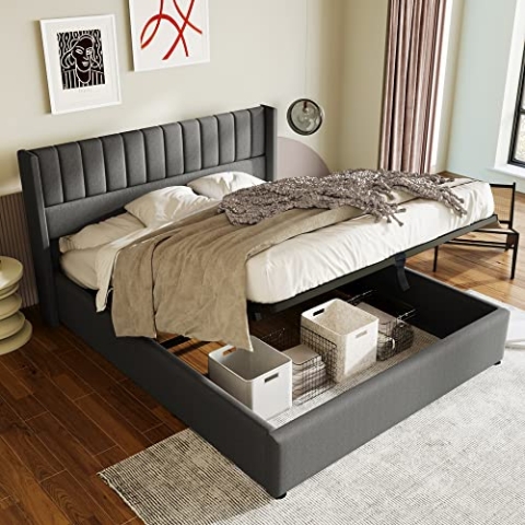 okwish Polsterbett 140x200cm Doppelbett, Bett mit Stauraum - Funktionsbett Hydraulisch Stauraumbett mit Bettkasten, Gepolstertes Bettgestell mit Lattenrost aus Metallrahmen, Leinen Grau,ohne Matratze