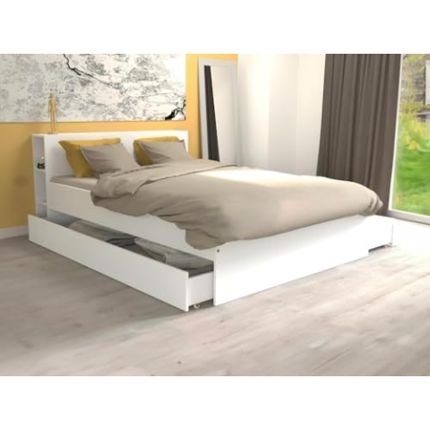 Vente-unique Bett mit Kopfteil & Stauraum & Schubladen - 140 x 190 cm - Weiß - Eugene