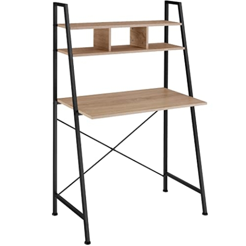 tectake Schreibtisch mit Regal, Bürotisch im Industrie-Design, 85,5 x 46,5 x 140 cm, Computertisch mit 3 Staufächern und Ablage aus Holz, schwarzes Metallgestell (Industrial Holz hell, Eiche Sonoma)