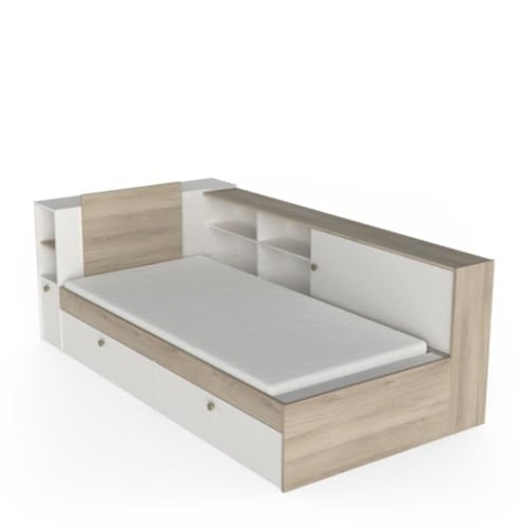 Demeyere Lit 90x190/200 Simple Avec Rangement 2 Porte 6 Niches 2 tiroirs – Blanc Mat und Chêne Clair 119,2 x 229,4 x 87,7 cm
