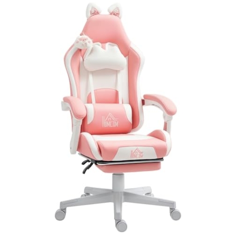 HOMCOM Gaming Stuhl Ergonomischer Gamer Stuhl mit Lendenwirbelstütze, Fußstütze, Gaming Sessel mit Katzenohren, Kopfkissen, Höhenverstellbar Bürostuhl mit Verstellbar Liegefunktion Rosa