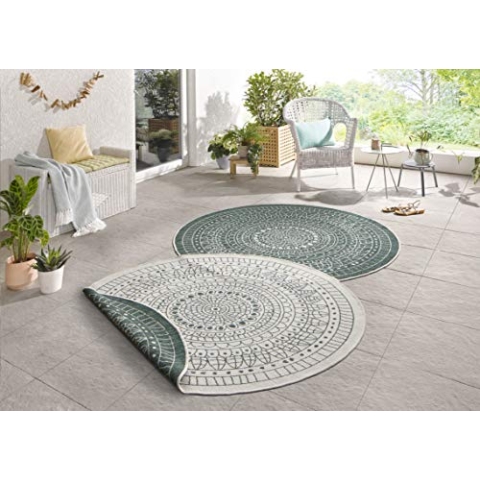 Northrugs Porto In- und Outdoor Teppich Rund – Runder Wendeteppich Wasserfest Mandala Design Flachgewebe Teppich Wetterfest für Balkon, Terrasse, Garten, Wohnzimmer in Grün Creme, ⌀140cm