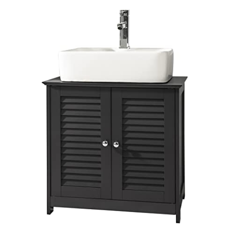 SoBuy Waschbeckenunterschrank, Badschrank mit verstellbaren Regalböden, Badmöbel aus MDF, Unterschrank für Badezimmer, Anti-Schimmel Lamellentür, Dunkelgrau, 60x58x35cm, FRG237-DG