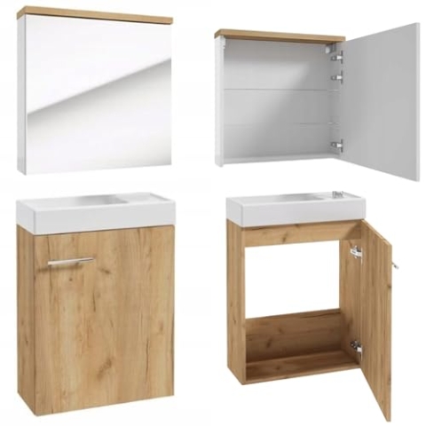 .Deftrans Waschtisch + Spiegel Badmöbel Set für Gäste Bad WC 50 x 70 x 23 cm Eiche, waschbeckenunterschrank und spiegelschrank Bad, badezimmerschrank- spiegelschrank und waschbecken mit unterschrank