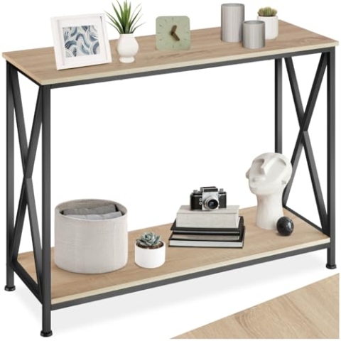 tectake® Industrial Konsolentisch schmal, Bartisch mit 2 Ablagen, Beistelltisch, als Telefontisch, Flur Kommode, Wohnzimmer Möbel, als Sideboard Küche, Blumenbank - Industrial Holz hell, Eiche Sonoma