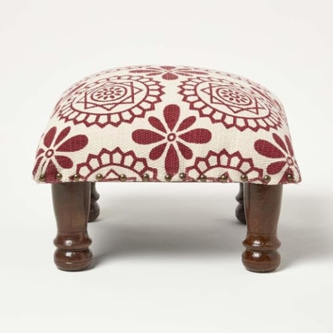 Homescapes Cassia Polsterhocker quadratisch 40x40 cm rot-weiß Gemustert, Hocker mit Holzbeinen und Baumwollbezug