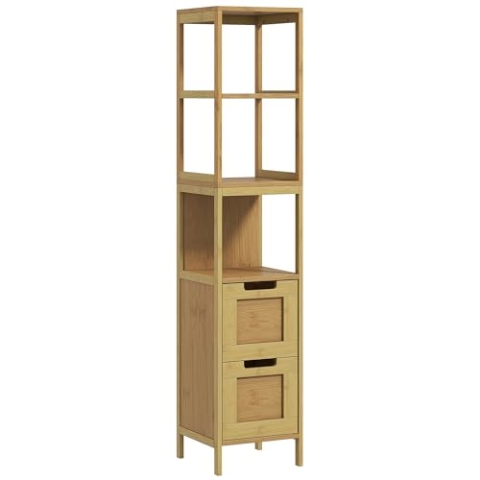 kleankin Badezimmerschrank Möbel, Badmöbel im Cosy-Stil, Maße: 30 x 30 x 144 cm, 3 Regale, 2 Schubladen, Bambus, Natur
