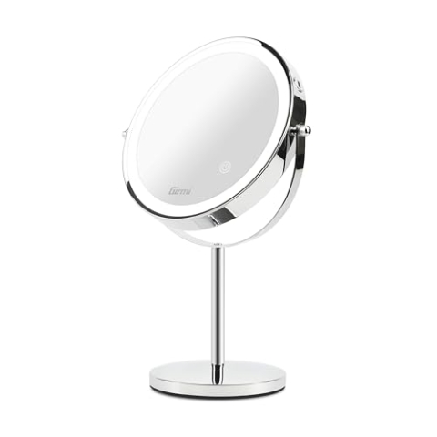 Girmi BE02 Schminkspiegel mit LED-Licht, Lupe mit 1x/3-facher Vergrößerung, Beleuchtung in 3 Farben, wiederaufladbar mit Doppelspiegel, 360° drehbar und Touch-Taste, Chrom