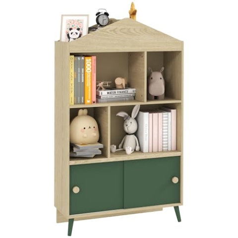 AIYAPLAY Kinderbibliothek Aufbewahrung Kinderbuch Regal Kinderzimmer Aufbewahrungsmöbel für Spielzeug mit 4 Nischen, Schrank für Spielzimmer, Kinderzimmer, Wohnzimmer - 80 x 30 x 140,5 cm grün