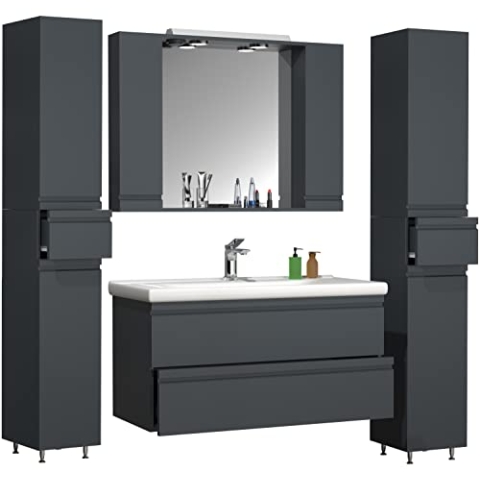 VCM 5-TLG. Waschplatz Waschtisch 100 cm Badmöbel Set Waschbecken grifflose Schublade Spiegelschrank Hochschrank Silora XL Anthrazit