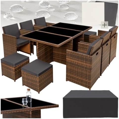 tectake Polyrattan Gartenmöbel Set, Sitzgruppe mit 6 Stühle +1 Glasplatte Tisch + 4 Hocker, Gartenlounge Set klappbar, bis zu 10 Personen, Balkon Möbel, inkl. 2 Bezugsset - schwarz/braun