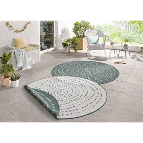NORTHRUGS In- und Outdoor Teppich Bali Rund ⌀140cm - Wendeteppich Wetterfest Modernes Punkte Design Läufer für Balkon Terrasse Garten Wintergarten Wohnzimmerteppich Wasserfest in Grün Creme