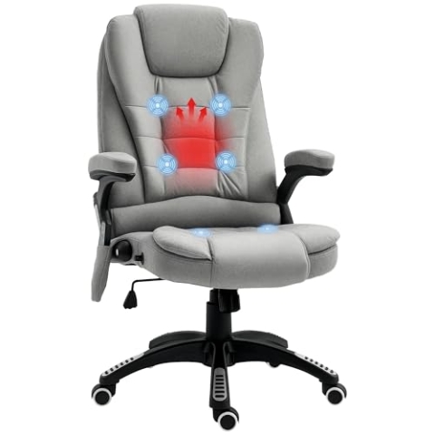 Vinsetto Bürostuhl mit Vibrationsmassage, Ergonomisch Schreibtischstuhl mit Heiz-, Liegefunktion, Höhenverstellbar Chefsessel mit Fernbedienung, Seitentasche, Leinenoptik, Grau