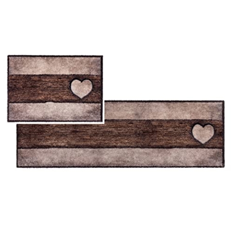 Astra Flauschige Sauberlaufmatte weich - Pure & Soft - Holz Herz 2er Set 50x70 & 50x150 cm - Waschbarer Küchenteppich innen - Türmatte strapazierfähig