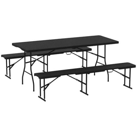 Outsunny Bierzeltgarnitur 3-teiliges Set Klappbar Campingtisch, 2 Bierbank mit Tragegriff, Rattanoptik, Biertischgarnitur Festzeltgarnitur für Balkon, Partyzelt, Garten 180 x 74 x 74 cm