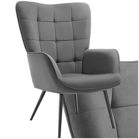 tectake® Skandinavischer Stil Ohrensessel, Sessel Hygge mit Feincord Bezug, Sessel Wohnzimmer, Schlafzimmer, Esszimmerstuhl, Statement Piece Loungesessel, belastbar bis 150 kg - anthrazit/schwarz