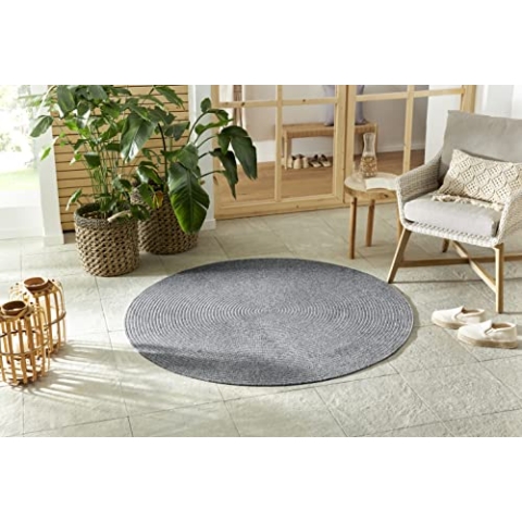 Northrugs Trenzado In- & Outdoor Teppich Rund Wetterfest – Pflegeleicht Handmade-Look für Innen und Außen Gewebter Outdoorteppich Läufer für Balkon, Terrasse, Wohnzimmer, Garten – Hellgrau, ø 150