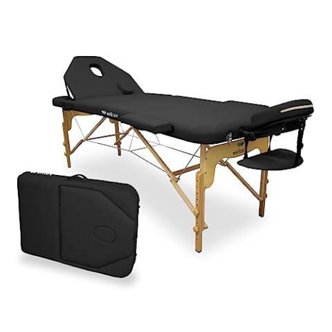 WELLCORE Massageliege, klappbar, mit aufklappbarer Rückenlehne, aus Holz, Kunstleder, 195 x 70 cm, höhenverstellbar, Abnehmbarer Kopf, Gesichtsloch, Schwarz, bis 225 kg