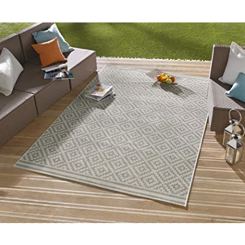 NORTHRUGS In- und Outdoor Teppich Raute 200x290cm - Wetterfest Modern Geometrisches Raute Muster Design Läufer für Balkon Terrasse Garten Wintergarten Wohnzimmerteppich Wasserfest in Grau Creme