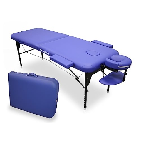 WELLCORE Klappliege aus Aluminium, 1865 x 65 cm, Kunstleder, höhenverstellbar, Gelenkkopf, Gesichtsloch, Seitenarme, Blau, Transportrucksack, bis 225 kg