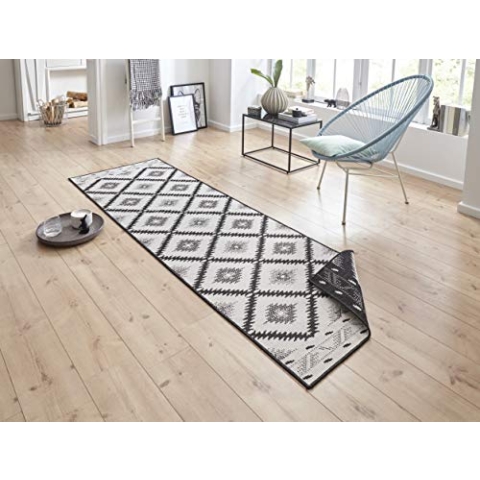 NORTHRUGS In- und Outdoor Teppich Malibu 80x350cm - Wendeteppich Wetterfest Modern Geometrisches Muster Läufer für Balkon Terrasse Garten Wintergarten Wohnzimmerteppich Wasserfest in Schwarz Creme